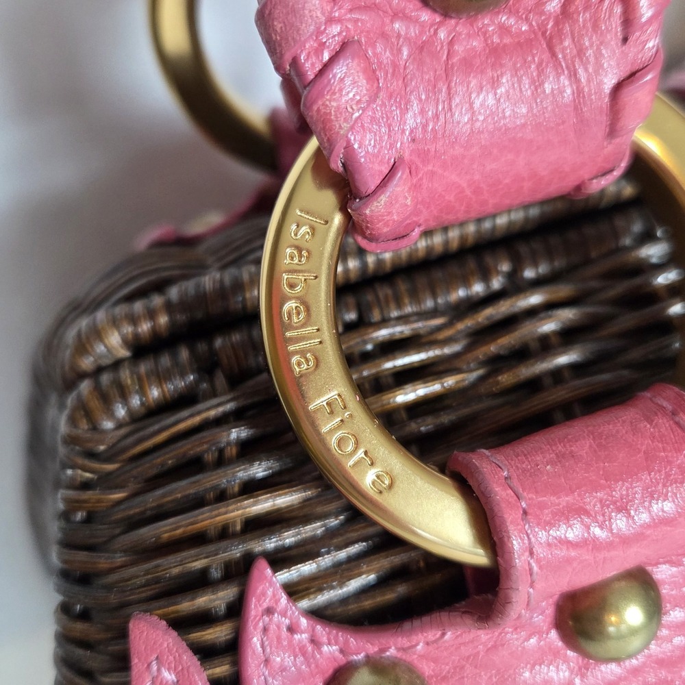 VTG Isabella Fiore Pink Leather Wicker Satchel Studded Trim Boho Handbag Rare - Picture 4 of 16